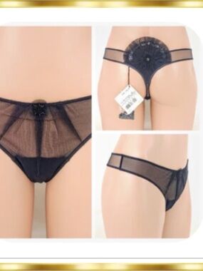 La Perla Java Dancer Black Nylon Tulle Embroidered Thong XS Black Label RARE